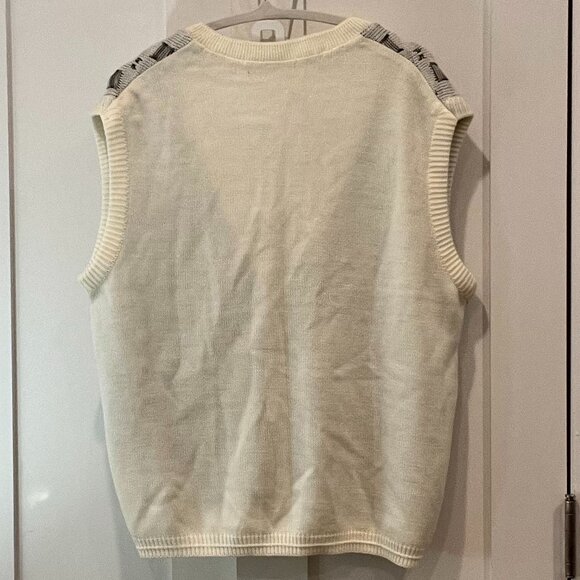 Vintage Sweater Vest Cream Brown Geometric Print Unisex Preppy L/XL - Picture 2 of 2